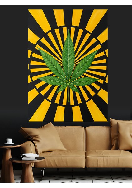 Sarı Işınlı Mandala Yaprak Dekoratif Kanvas - Mdf Ahşap Tablo