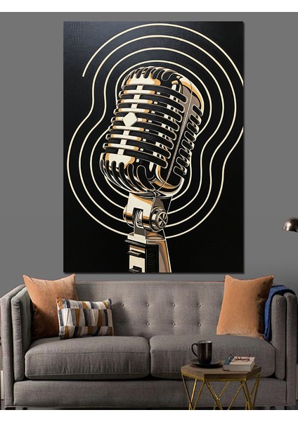 Vintage Mikrofon Müzik Çizimi Dekoratif Kanvas - Mdf Ahşap Tablo