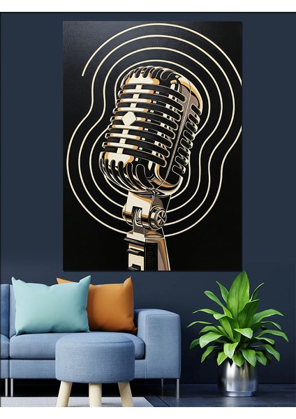 Vintage Mikrofon Müzik Çizimi Dekoratif Kanvas - Mdf Ahşap Tablo fiyatları