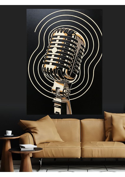 Vintage Mikrofon Müzik Çizimi Dekoratif Kanvas - Mdf Ahşap Tablo modelleri