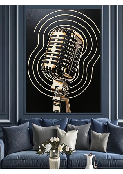 Vintage Mikrofon Müzik Çizimi Dekoratif Kanvas - Mdf Ahşap Tablo fırsatları