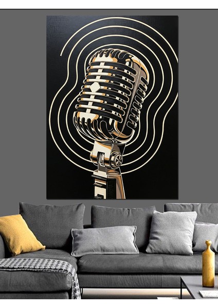 Vintage Mikrofon Müzik Çizimi Dekoratif Kanvas - Mdf Ahşap Tablo indirimleri