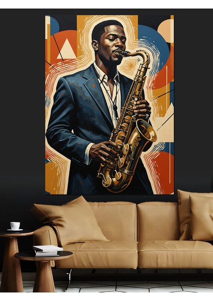 Saksafon Çalan Jazz Müzisyen Dekoratif Kanvas - Mdf Ahşap Tablo