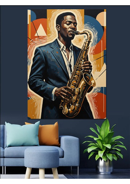 Saksafon Çalan Jazz Müzisyen Dekoratif Kanvas - Mdf Ahşap Tablo fiyatları