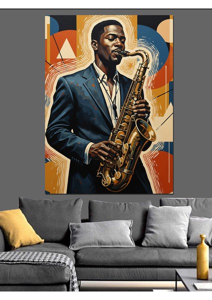 Saksafon Çalan Jazz Müzisyen Dekoratif Kanvas - Mdf Ahşap Tablo fırsatları