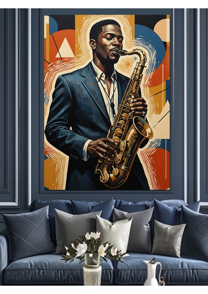 Saksafon Çalan Jazz Müzisyen Dekoratif Kanvas - Mdf Ahşap Tablo indirimleri