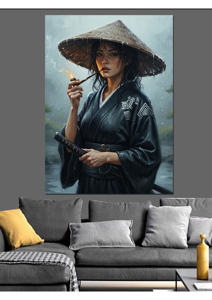Şapkalı Samuray Kadın Japon Dekoratif Kanvas - Mdf Ahşap Tablo