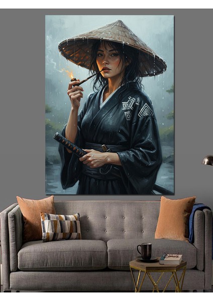 Şapkalı Samuray Kadın Japon Dekoratif Kanvas - Mdf Ahşap Tablo fiyatları