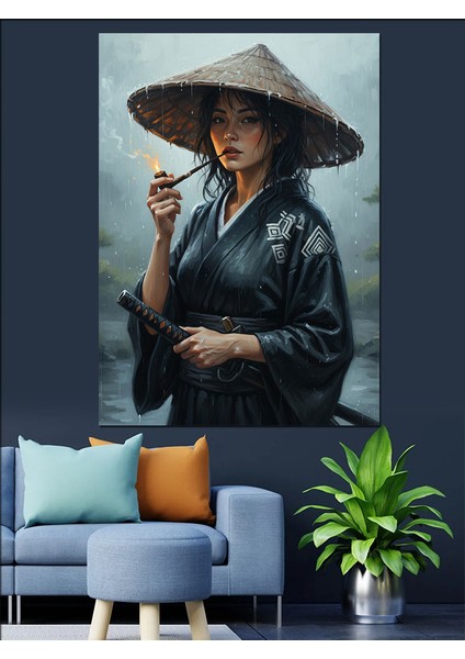 Şapkalı Samuray Kadın Japon Dekoratif Kanvas - Mdf Ahşap Tablo modelleri