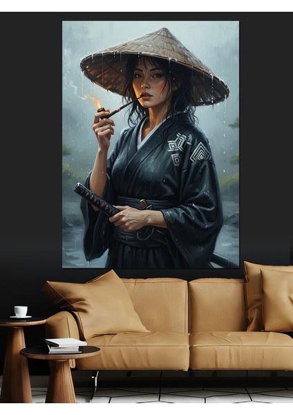 Şapkalı Samuray Kadın Japon Dekoratif Kanvas - Mdf Ahşap Tablo fırsatları