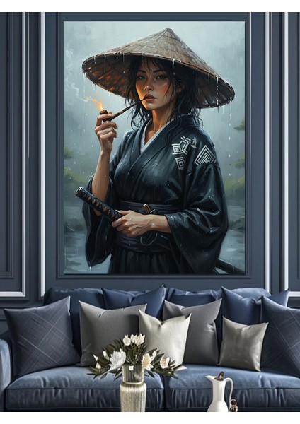 Şapkalı Samuray Kadın Japon Dekoratif Kanvas - Mdf Ahşap Tablo indirimleri