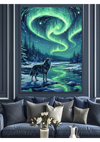 Kutup Işıkları Uluyan Kurt Dekoratif Kanvas - Mdf Ahşap Tablo