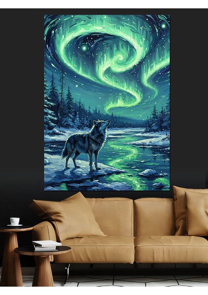 Kutup Işıkları Uluyan Kurt Dekoratif Kanvas - Mdf Ahşap Tablo fiyatları