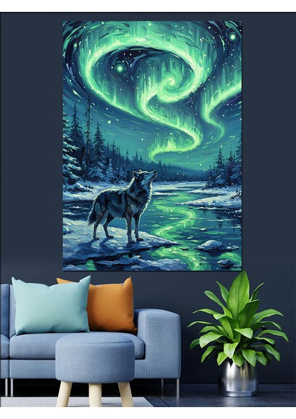 Kutup Işıkları Uluyan Kurt Dekoratif Kanvas - Mdf Ahşap Tablo modelleri