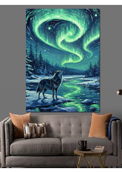 Kutup Işıkları Uluyan Kurt Dekoratif Kanvas - Mdf Ahşap Tablo fırsatları