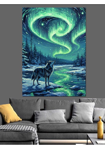 Kutup Işıkları Uluyan Kurt Dekoratif Kanvas - Mdf Ahşap Tablo indirimleri