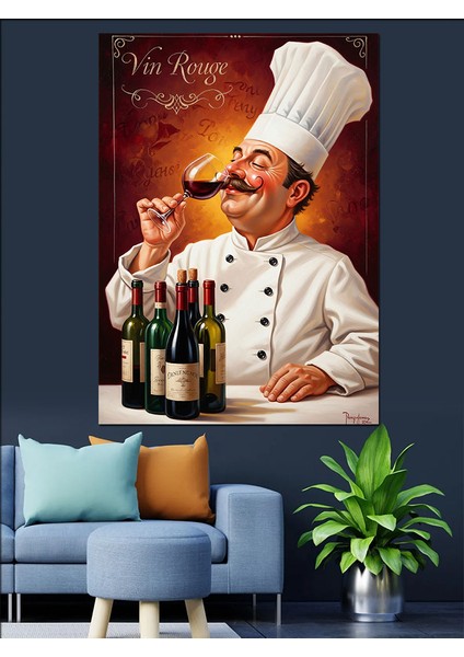 Şef Aşçı Kırmızı Şarap Dekoratif Kanvas - Mdf Ahşap Tablo