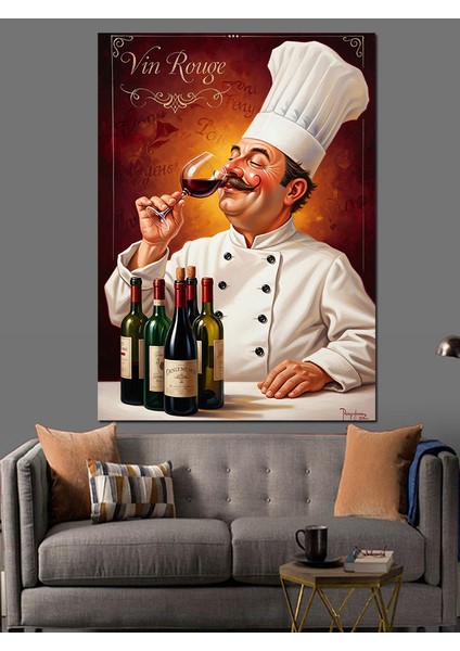 Şef Aşçı Kırmızı Şarap Dekoratif Kanvas - Mdf Ahşap Tablo indirimleri