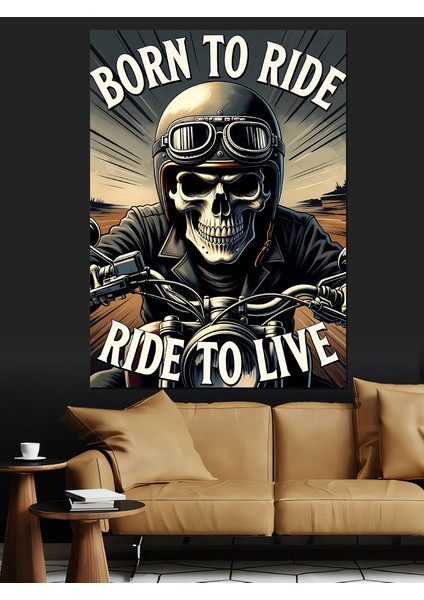 Motosikletli Iskelet Sürücü Dekoratif Kanvas - Mdf Ahşap Tablo