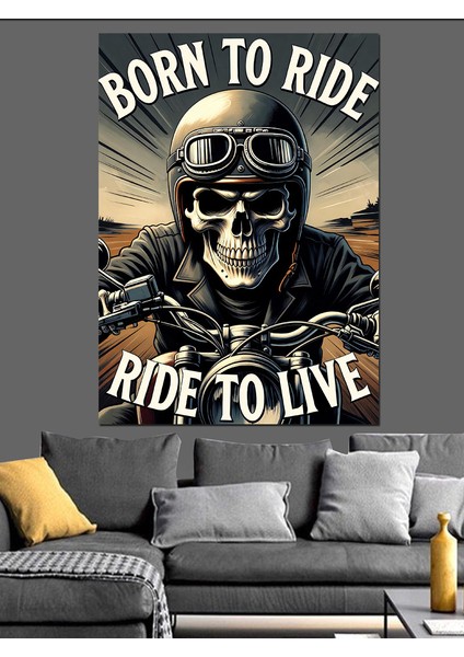 Motosikletli Iskelet Sürücü Dekoratif Kanvas - Mdf Ahşap Tablo fırsatları