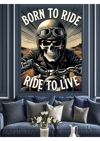 Motosikletli Iskelet Sürücü Dekoratif Kanvas - Mdf Ahşap Tablo indirimleri