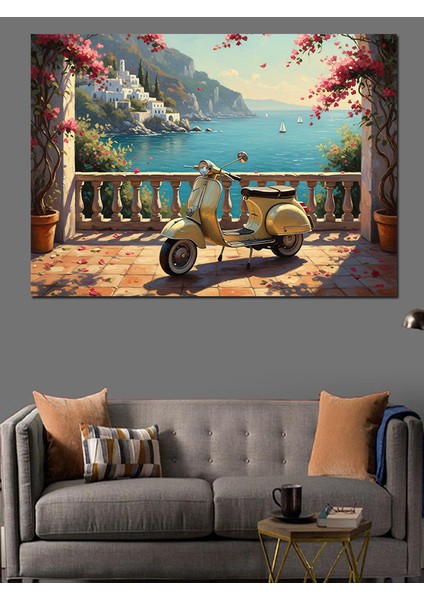 Deniz Manzaralı Terasta Sarı Scooter Motor Dekoratif Kanvas - Mdf Ahşap Tablo
