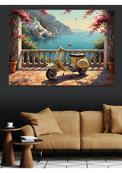 Deniz Manzaralı Terasta Sarı Scooter Motor Dekoratif Kanvas - Mdf Ahşap Tablo fırsatları