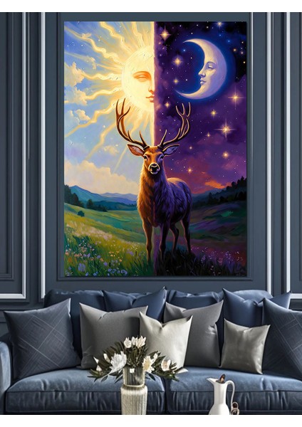 Dolunaylı Geyik Hayvan Manzarası Dekoratif Kanvas - Mdf Ahşap Tablo