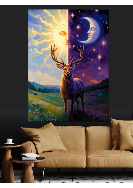 Dolunaylı Geyik Hayvan Manzarası Dekoratif Kanvas - Mdf Ahşap Tablo fiyatları