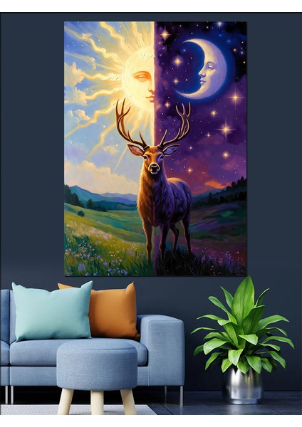 Dolunaylı Geyik Hayvan Manzarası Dekoratif Kanvas - Mdf Ahşap Tablo modelleri