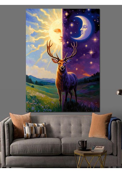 Dolunaylı Geyik Hayvan Manzarası Dekoratif Kanvas - Mdf Ahşap Tablo fırsatları