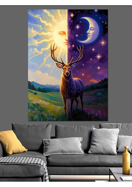 Dolunaylı Geyik Hayvan Manzarası Dekoratif Kanvas - Mdf Ahşap Tablo indirimleri