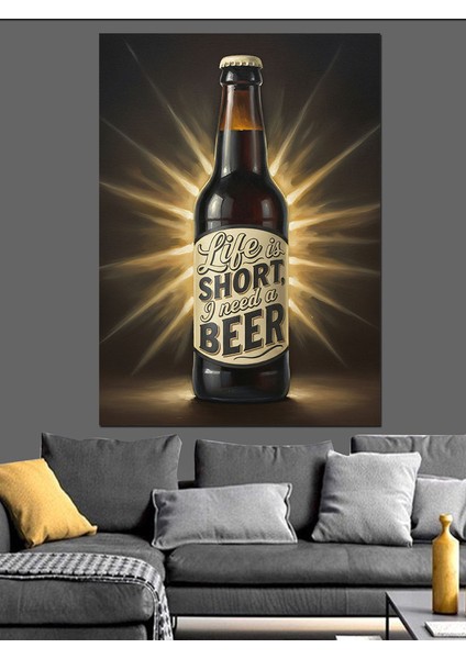 Koyu Bira Şişesi Işık Dekoratif Kanvas - Mdf Ahşap Tablo
