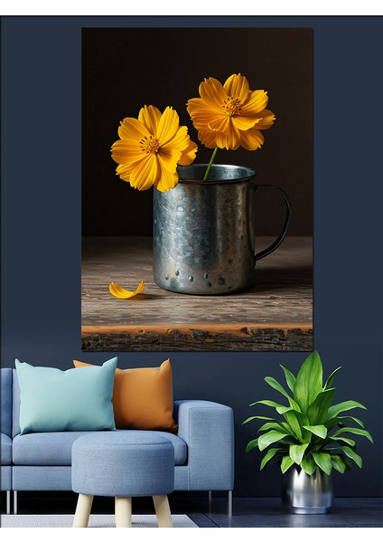 Sarı Çiçekli Metal Kova Dekoratif Kanvas - Mdf Ahşap Tablo