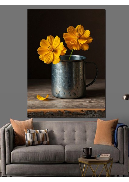Sarı Çiçekli Metal Kova Dekoratif Kanvas - Mdf Ahşap Tablo fiyatları