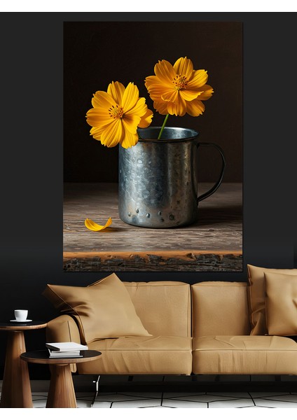 Sarı Çiçekli Metal Kova Dekoratif Kanvas - Mdf Ahşap Tablo indirimleri
