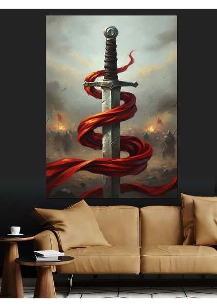 Kırmızı Kılıç Sarmal Sanat Dekoratif Kanvas - Mdf Ahşap Tablo
