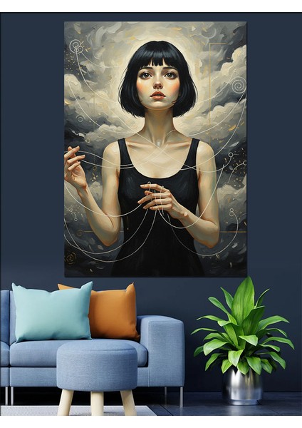 Siyah Elbiseli Kadın Portre Dekoratif Kanvas - Mdf Ahşap Tablo