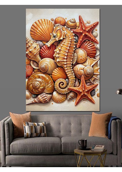 Deniz Kabukları Deniz Yıldızları Ve4 Deniz Atı Dekoratif Kanvas - Mdf Ahşap Tablo