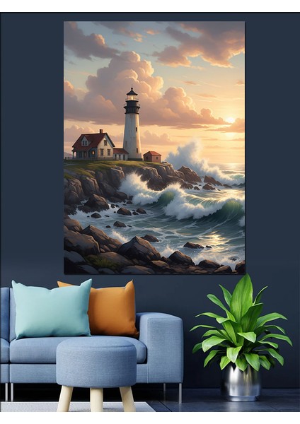 Deniz Kıyısındaki Beyaz Denizfeneri Dekoratif Kanvas - Mdf Ahşap Tablo