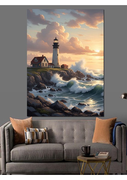 Deniz Kıyısındaki Beyaz Denizfeneri Dekoratif Kanvas - Mdf Ahşap Tablo fiyatları