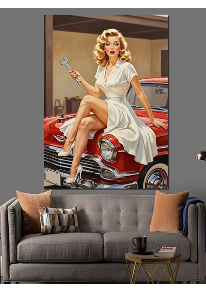 Kırmızı Araba Vintage Kadın Dekoratif Kanvas - Mdf Ahşap Tablo