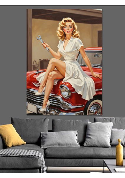 Kırmızı Araba Vintage Kadın Dekoratif Kanvas - Mdf Ahşap Tablo fiyatları