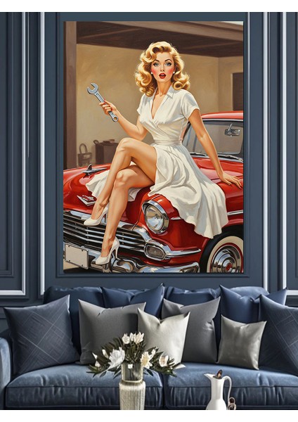 Kırmızı Araba Vintage Kadın Dekoratif Kanvas - Mdf Ahşap Tablo modelleri
