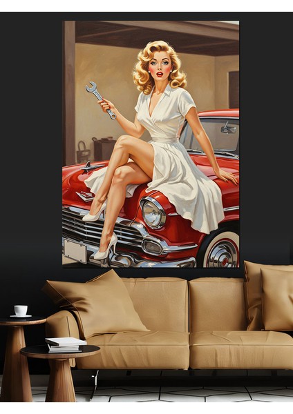 Kırmızı Araba Vintage Kadın Dekoratif Kanvas - Mdf Ahşap Tablo fırsatları