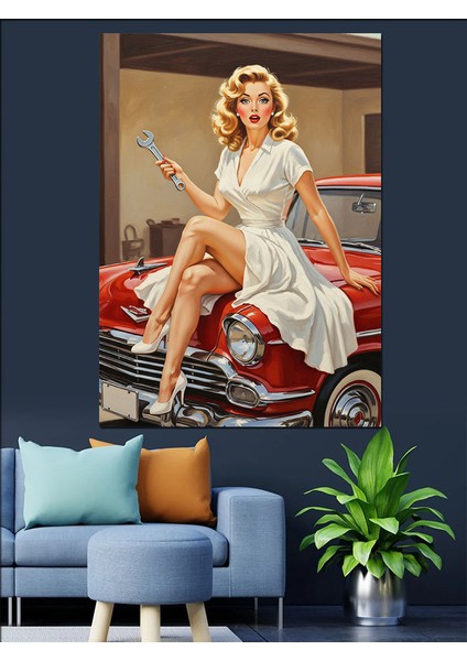 Kırmızı Araba Vintage Kadın Dekoratif Kanvas - Mdf Ahşap Tablo indirimleri