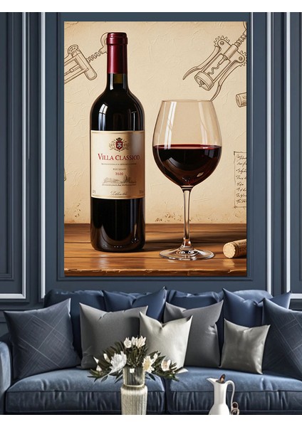 Şarap Şişesi Kırmızı Kadeh Dekoratif Kanvas - Mdf Ahşap Tablo