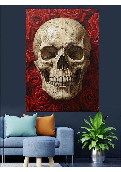 Kırmızı Gül Tutan Kafatası Dekoratif Kanvas - Mdf Ahşap Tablo
