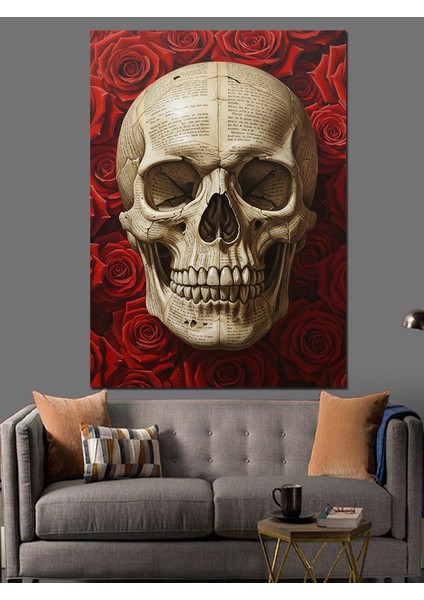 Kırmızı Gül Tutan Kafatası Dekoratif Kanvas - Mdf Ahşap Tablo fiyatları