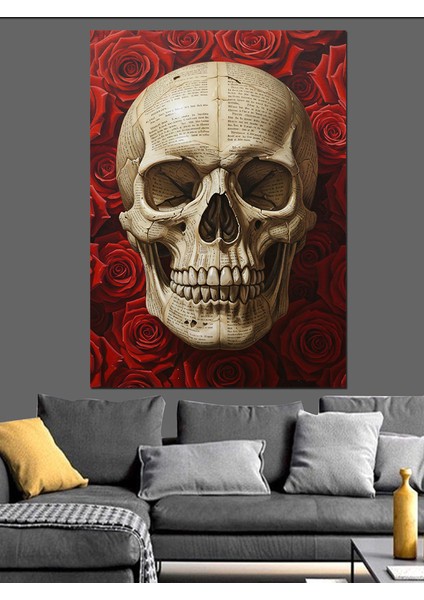 Kırmızı Gül Tutan Kafatası Dekoratif Kanvas - Mdf Ahşap Tablo modelleri